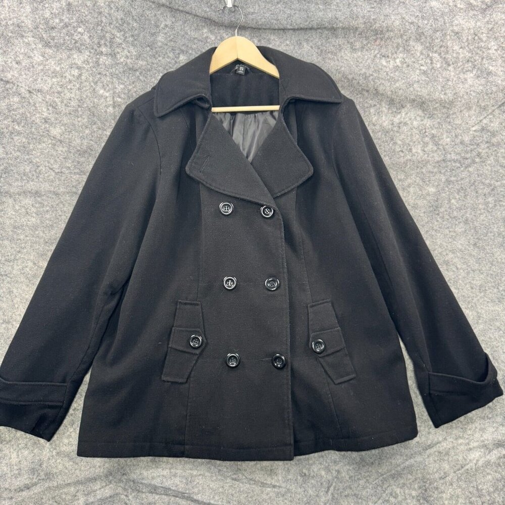George Pea Coat Womens Size‎ XL 16-18 Black Hooded Double Breasted Button Lined